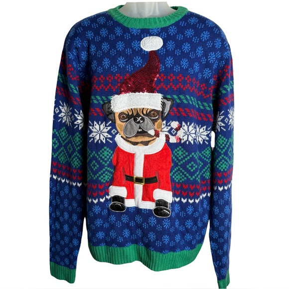 33 Degrees Pug Santa Ugly Christmas Sweater Size XL - Picture 3 of 8